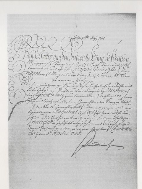 Mit diesem Brief verfügte Friedrich I. die Stadtrechte für Charlottenburg