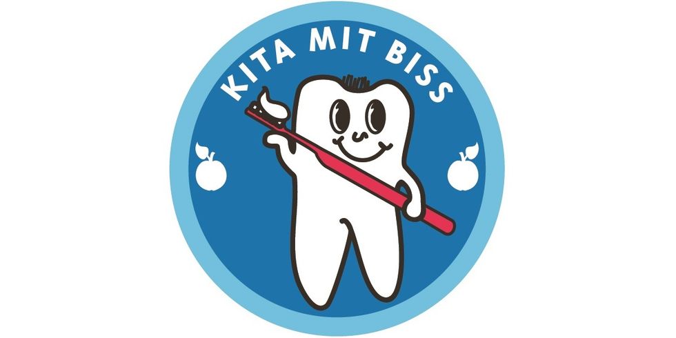 Kita mit Biss - Logo zeigt Zahn mit Zahnbürste als Karikatur