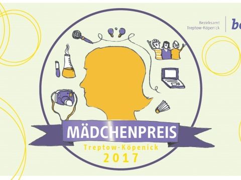 Bildvergrößerung: Frontansicht des Flyers Mädchenpreis 2017 mit einer gestalteten Plakette, die einen Mädchenkopf zeigt