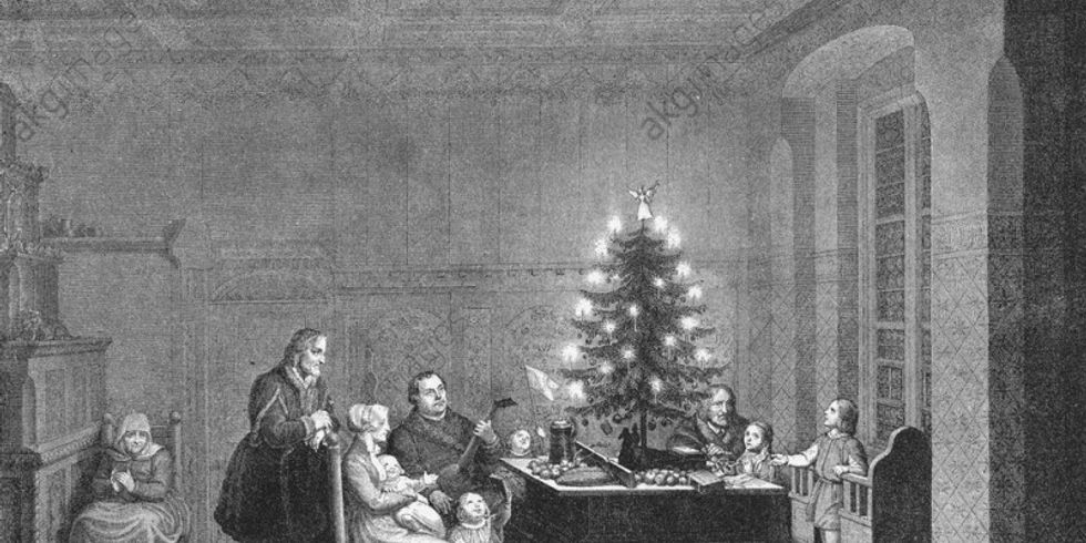 Luther im Kreis seiner Familie Weihnachten 1536 von Carl August Schwerdgeburth, Stahlradierung 1843