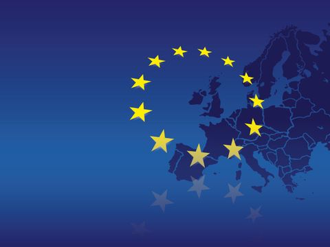 Weltkarte aud der Europa mit den Sternen der Europäischen Union markiert ist