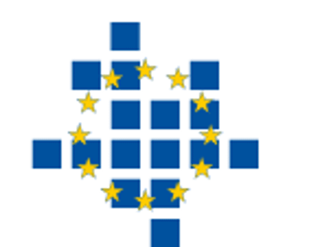 Europäischer Sternenkranz im Hintergrund blaue Quadrate durcheinander angeordnet