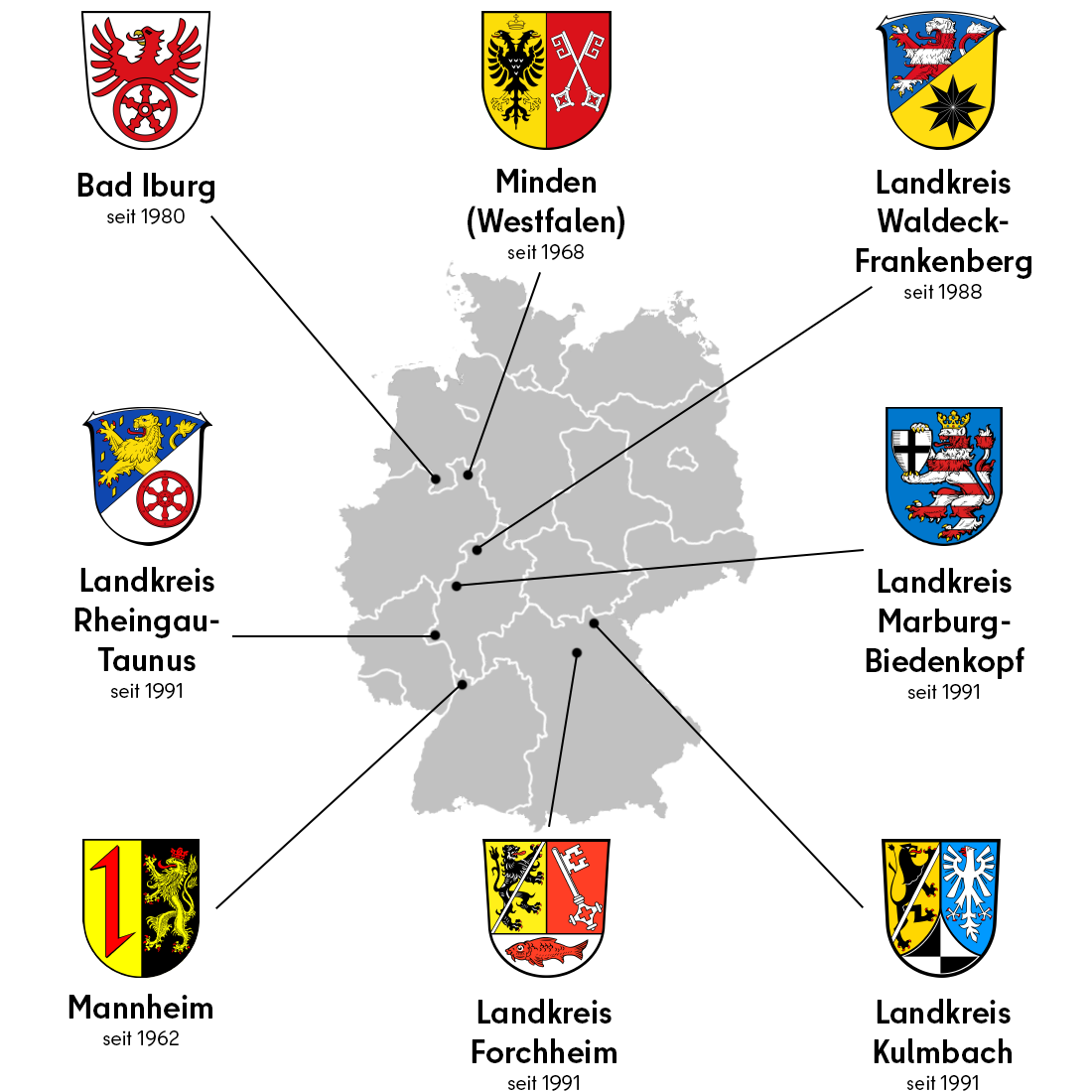 Bildvergrößerung: Die nationalen Partnerstädte und Partnerlandkreise von Charlottenburg-Wilmersdorf auf einer Landkarte.