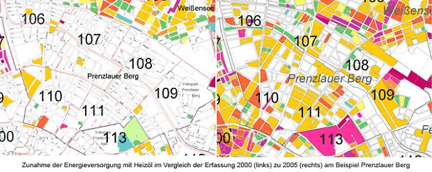 Abb. 13: Blockflächenbezogener Einsatz von Heizöl in Prenzlauer Berg im Vergleich der Erfassungszeiträume 2000 zu 2005
