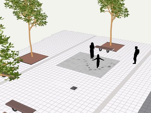 Bildvergrößerung: Grafische Darstellung eines Platzes mit Bäumen und Bänken; in der Mitte ist eine graue Fläche mit Fußabdrücken in einer Tanzabfolge. Drei Personen stehen auf und neben der Fläche.