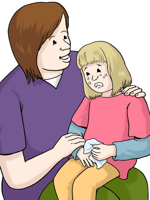 Illustration einer Frau, die ein Kind tröstet