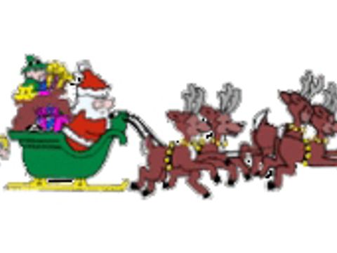 Zeichnung von einem Nikolaus im Rentierschlitten mit Weihnachtsgeschenken