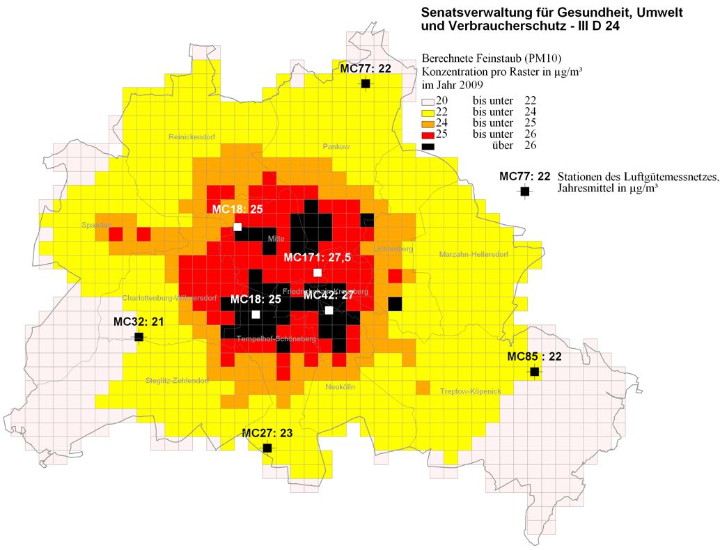 Abb. 14: Mit IMMISnet berechnete und an BLUME-Messstellen gemessene PM10-Belastung (Jahresmittel) im städtischen Hintergrund Berlins für das Bezugsjahr 2009 