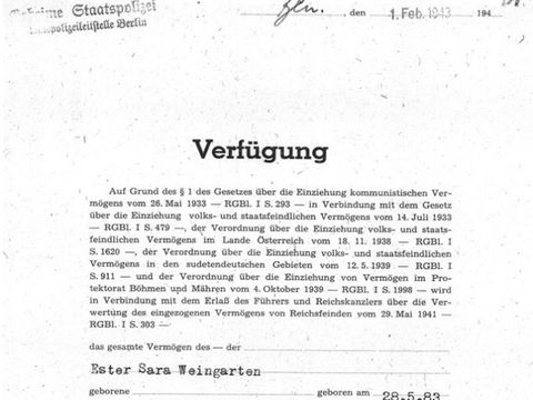 Bildvergrößerung: Die am 1. Februar 1943 ausgestellte Verfügung der Geheimen Staatspolizei 