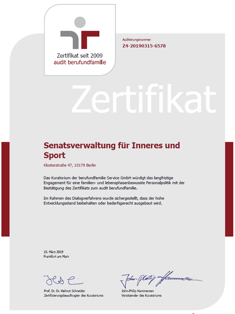 Bildvergrößerung: Zertifikat 2019 audit familieundberuf der Senatsverwaltung für Inneres und Sport