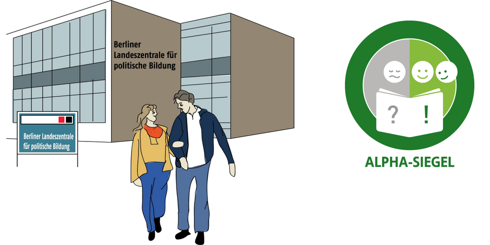  Frau und Mann verlassen ein Haus mit der Aufschrift "Berliner Landeszentrale für politische Bildung" während sie sich angeregt unterhalten | Daneben das Symbol des Alpha-Siegels