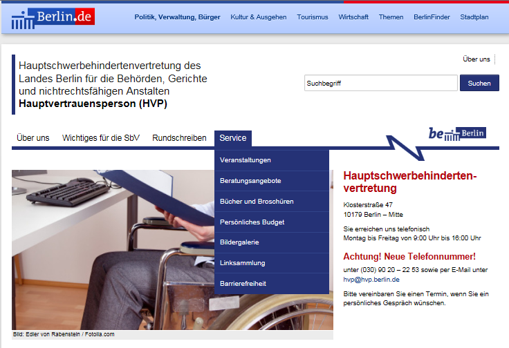 Foto der Internetseite des HVP mit ausgeklapptem Service-Menü in der Navigation