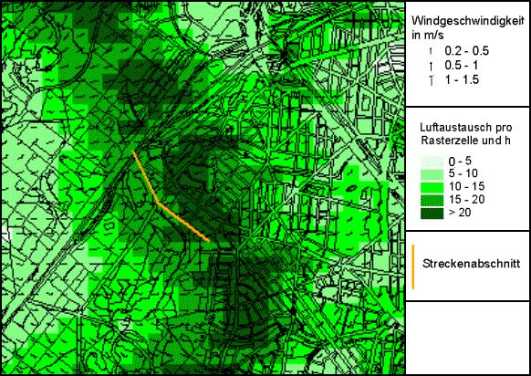Luftaustausch pro Rasterzelle sowie autochthones Strömungsfeld im Übergangsbereich Grunewald-Wilmersdorf während einer austauscharmen sommerlichen Strahlungswetternacht