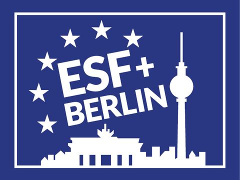 Umrisse von Berlins Sehenswürdigkeiten zu sehen und der Titel ESF+ Berlin