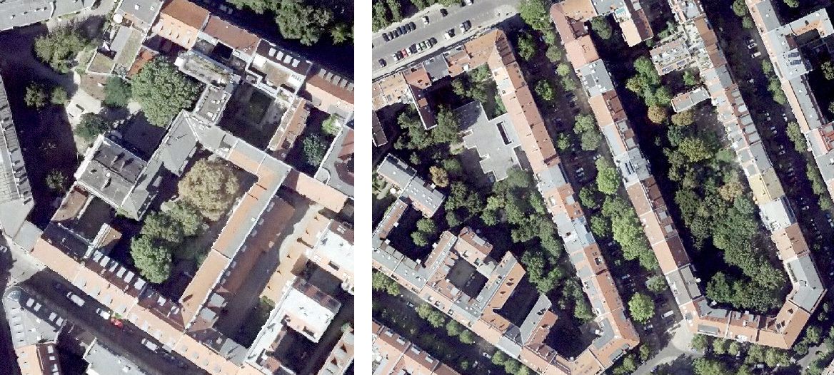 Enlarge photo: Fig. 4: “Closed block development, rear courtyard (1870s-1918), 5-storeys” incl. old tree stocks (left: example from Gipsstraße to Sophienstraße; right: example east and west of Swinemünder Straße, Background: digital and coloured orthophotos from 2020 (TrueDOP20RGB)