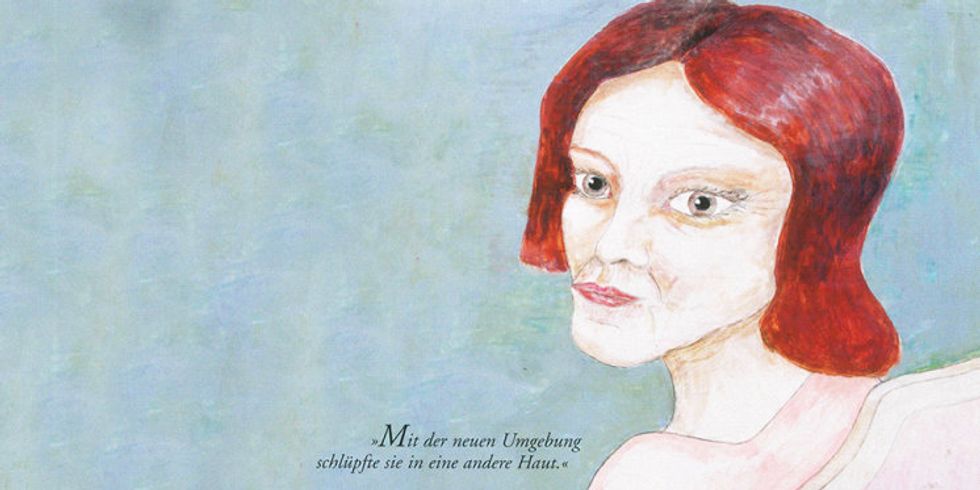 Bildnis einer Frau mit roten Haaren, daneben steht geschrieben "MIt der neuen Umgebung schlüpfte sie in eine andere Haut 