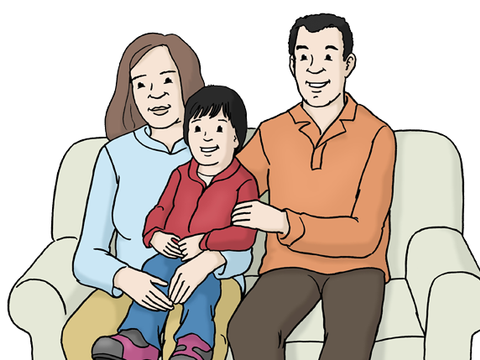 Illustration zweier Eltern auf dem Sofa mit ihrem Kind auf dem Schoß