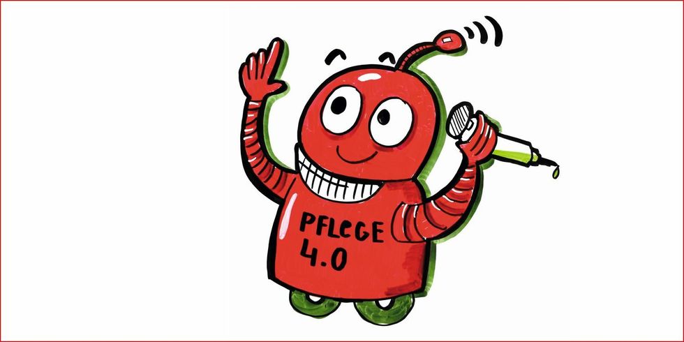 Rote Roboterfigur mit der Aufschrift "Pflege 4.0"