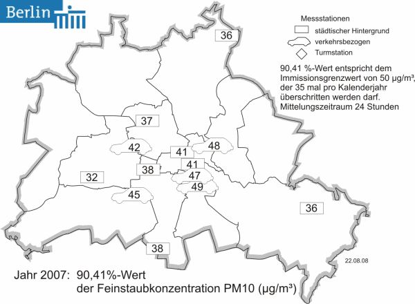 Abb. 12: 90,41%-Wert der Feinstaubkonzentration PM10 [µg/m³] im Jahre 2007 an den Messstellen des BLUME-Messnetzes.