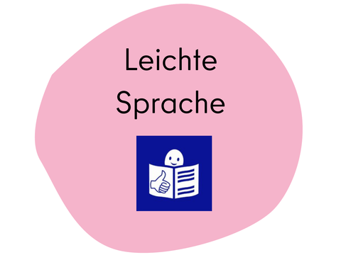 Leichte Sprache Icon, rosa Hintergrund, schwarze Schrift: Leichte Sprache, Leicht zu Lesen-Logo in blau-weiß