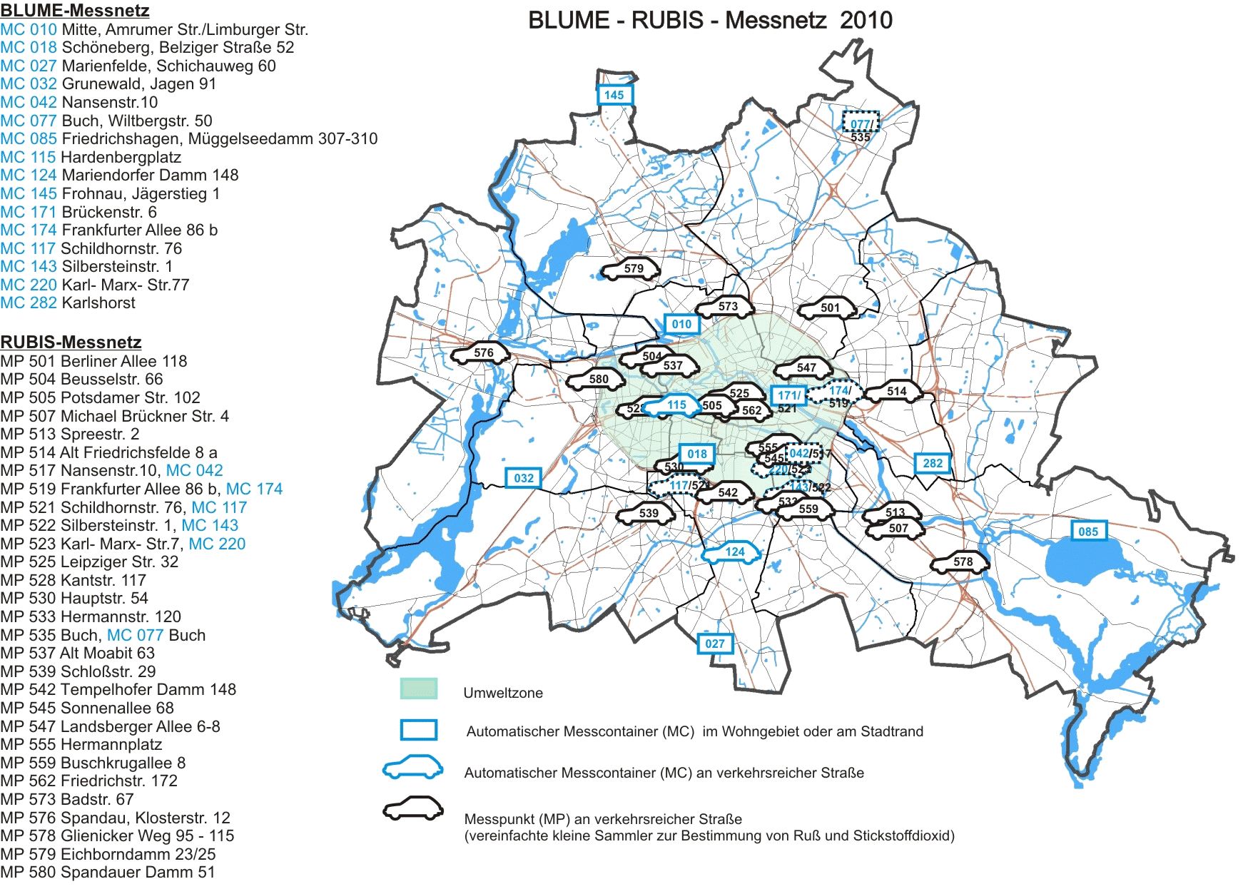 Bildvergrößerung: Abb. 5: Lage der automatischen Container-Messstellen des Berliner Luftgüte-Messnetzes (BLUME) sowie der RUBIS-Kleinmessstellen 2010