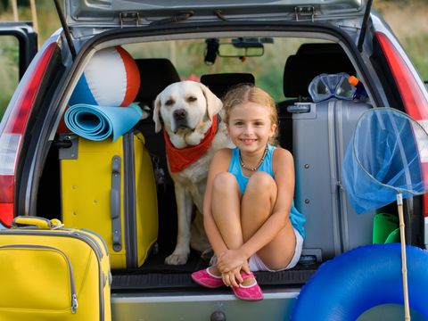 Ein kleines Mädchen und ein Hund sitzen neben Koffern im offenen Kofferaum eines PKW´s