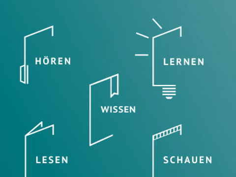 Icons Digitale Angebote: Lesen, Hören, Wissen, Lernen, Schauen