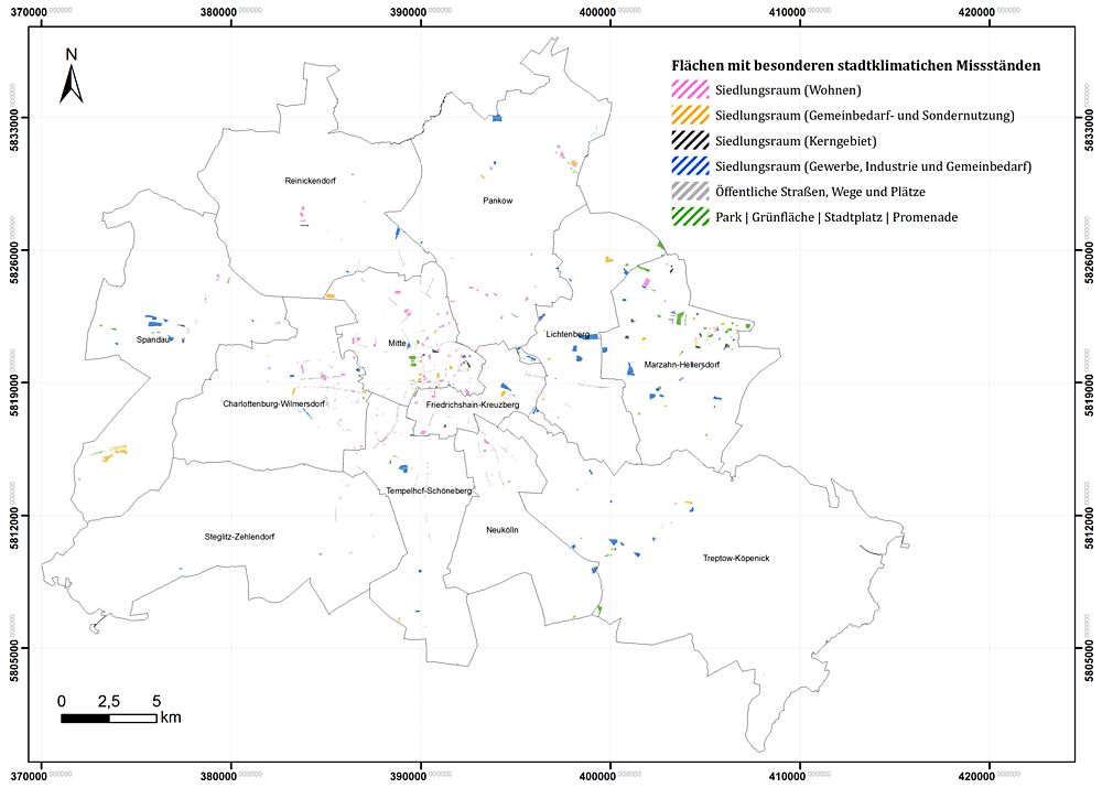 Bildvergrößerung: Flächen mit besonderen stadtklimatischen Missständen in Berlin