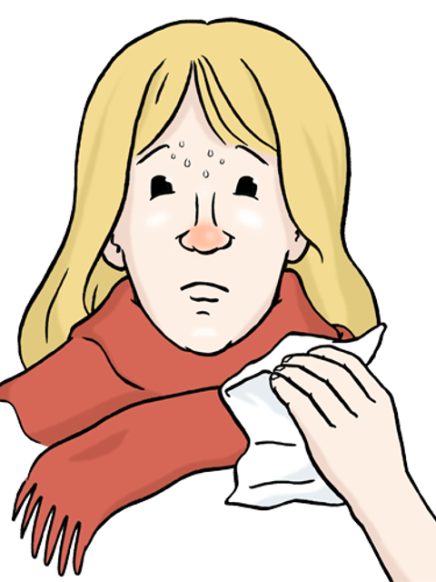 Illustration einer Frau die Fieber hat und krank ist