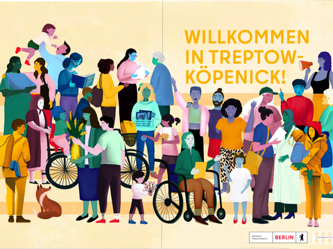 Cover des Wegweisers "Willkommen in Treptow-Köpenick zeigt Menschen vieler Kulturen sprechen miteinander im Comicstil