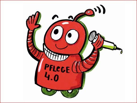 Rote Roboterfigur mit der Aufschrift "Pflege 4.0"