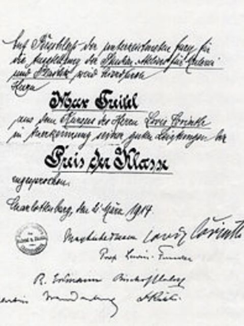 Urkunde für besondere Leistungen Max Treitels, 1914. Unterzeichnet von Lovis Corinth und Max Liebermann