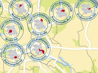 Die 10 Logos der Stadtteilkoordinationen Mitte auf einer Berlin-Karte