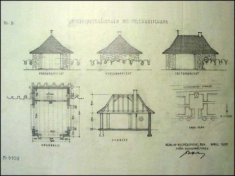 Hindenburgpark, Unterkunftshäuschen mit Milchausschank, Entwurf 1935