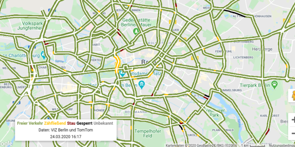 Verkehrslagekarte der VIZ Berlin vom 24.3. Nachmittags, fast überall freier Verkehr