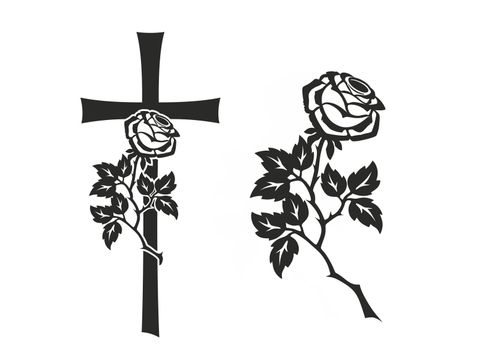 Schwarzes Kreuz mit schwarzer Rose, daneben Schwarze Rose