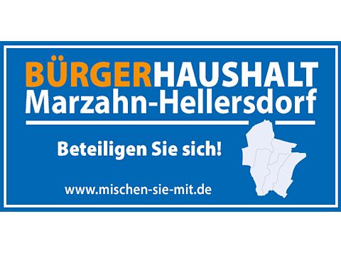 Schriftzug auf blauem Untergrund Bürgerhaushalt Marzahn-Hellersdorf Beteiligen Sie sich