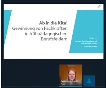 Die Referentin Franziska Büttner von der wortlaut Sprachwerkstatt UG während der Online-Informationsveranstaltung.
