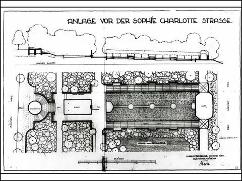 Erwin Barth - Lietzenseepark, Kleine Kaskade an der Sophie-Charlotte-Straße, Entwurf, M 1:200, 1920, Tusche/Transp.
