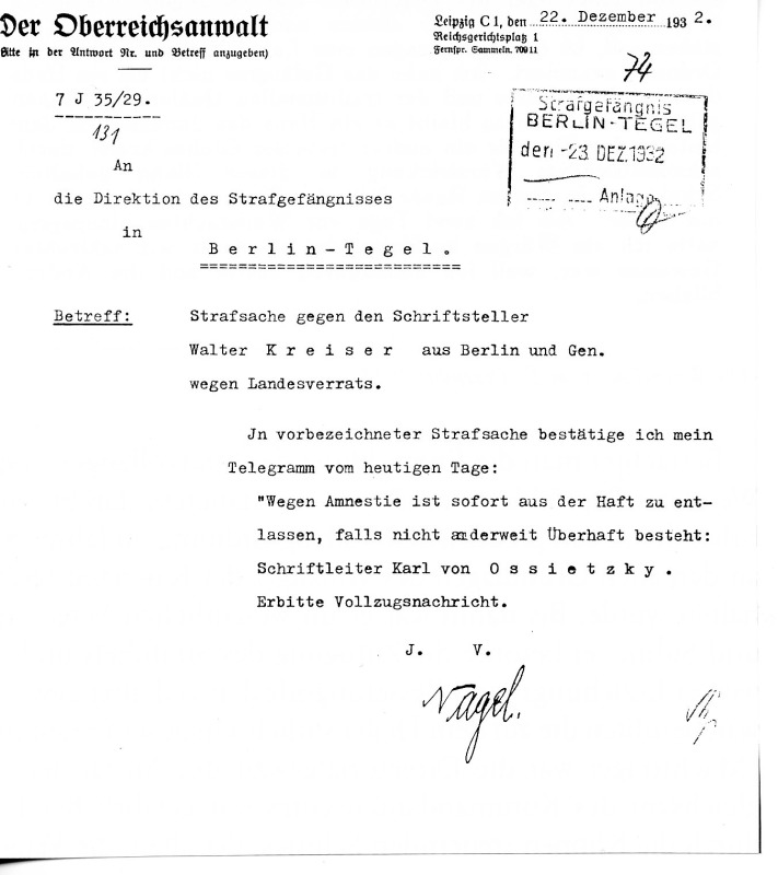 Entlassungsschreiben Ossietzky