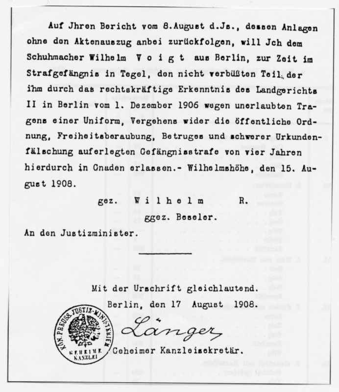 Kaiserlicher Gnadenerlass für Wilhelm Voigt (Abschrift)