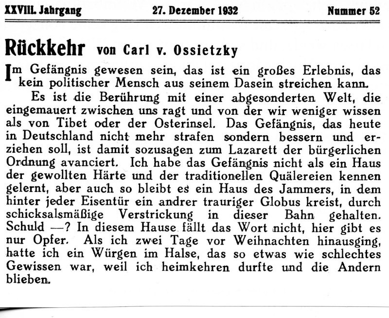 Ossietzky in der "Weltbühne" über seine Zeit in Tegel