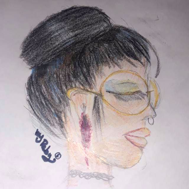 Zeichnung einer Frau mit Brille und Dutt im Profil