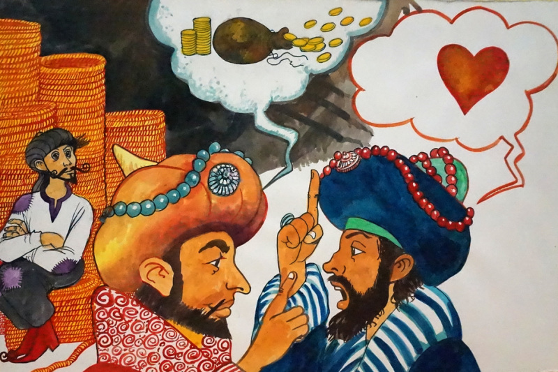 Gemaltes Bild auf dem sich zwei orientalisch gekleidete Männer unterhalten, in einer Sprechblase ist ein Herz, in der anderen Sprechblase ist Geld zu sehen. 