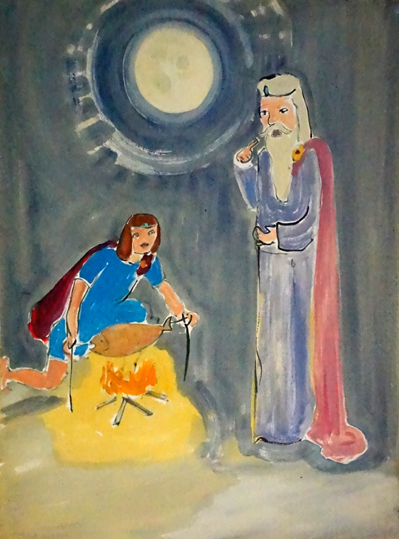 Gemaltes Bild auf dem ein Junge unter dem Vollmond einen Fisch über einem Feuer brät, neben ihm steht ein alter Mann in einem langen Gewand.