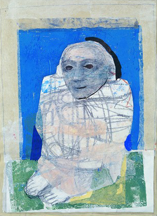 Vera Schwelgin: Sitzende vor Blau. Januar 2007. Collage/Zeichnung. 56 x 41 cm