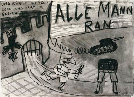 Oskar Manigk: Alle Mann ran, 2007, Mischtechnik auf Papier, 78 x 105 cm