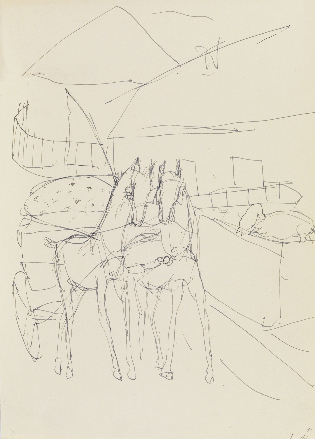 Paul Holz: Kleines Pferdegespann, ohne Jahr, Feder, Tinte auf Papier, 31,9 x 23 cm