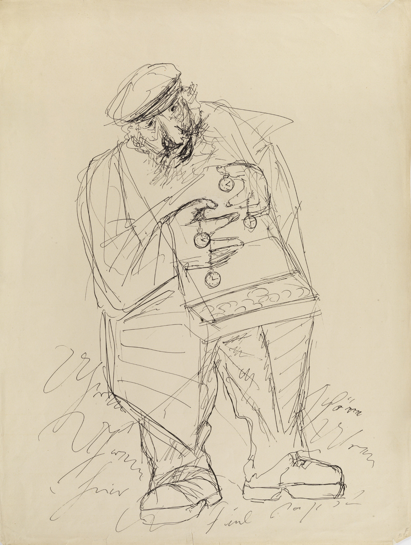 Paul Horst: Uhrenpapst (zu Knut Hamsun „Landstreicher“), um 1929, Feder, Tusche auf Papier, 65,9 x 50,3 cm