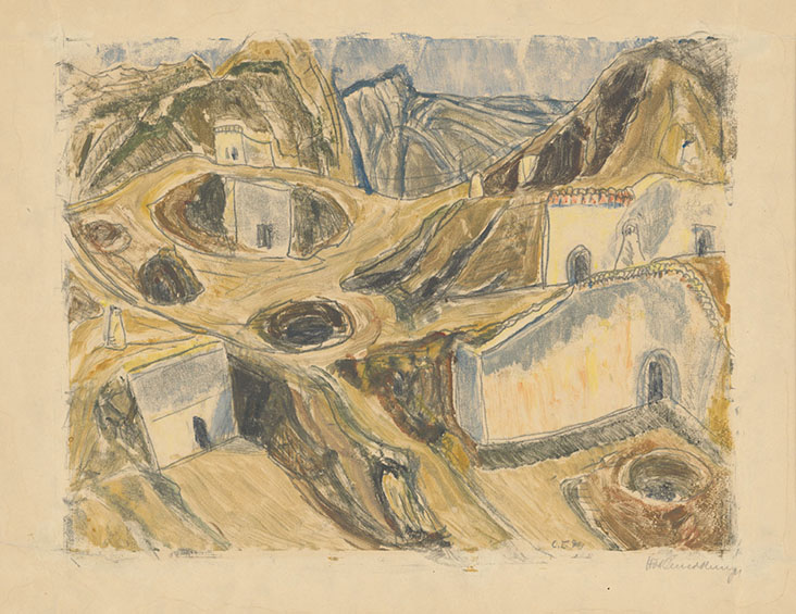 Charlotte E. Pauly: Höhlenstadt Guadix, 1959, Monotypie, 47 x 56 cm